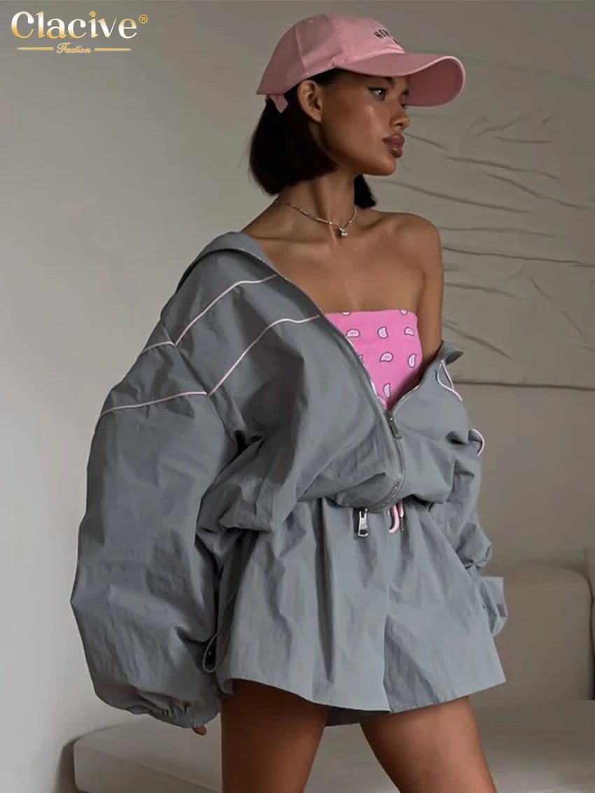 Clacive Gray 2 Piece Set Women Longsleeve Shirt High Waist Shorts 2024