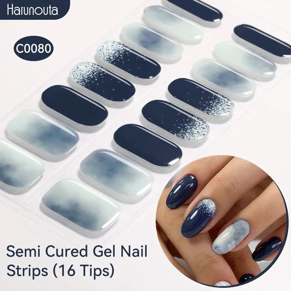 Semi Cured Gel Nail Strips (16 tips) Harunouta navy-to-light-blue gradient with silver speckle