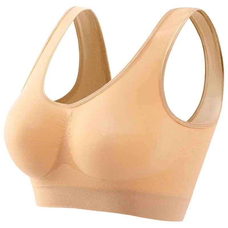 Nude-beige seamless wireless tank bra with wide straps, unpadded knit bralette for everyday wear and workouts