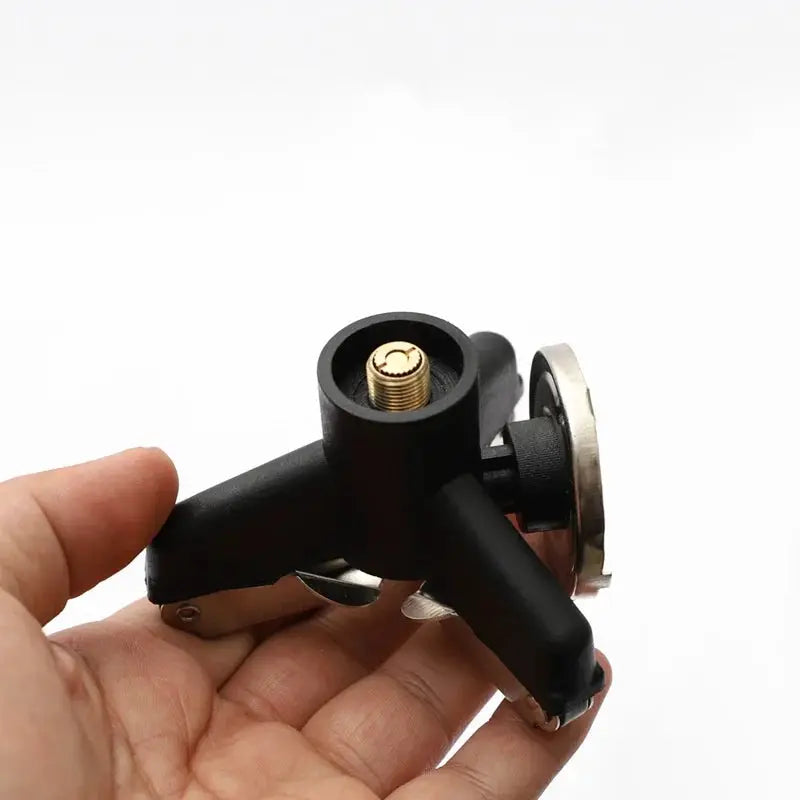 Camping gas stove adapter connector, black plastic body with brass threaded fitting and stainless steel ring