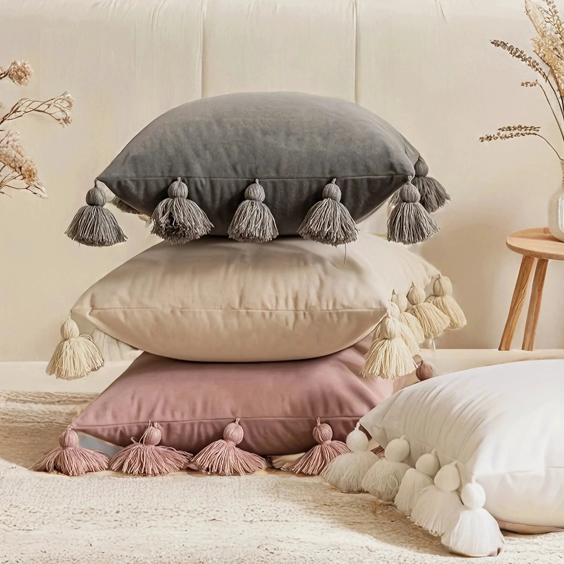 Gray velvet tassel decorative throw pillow cover for couch, bedroom or car