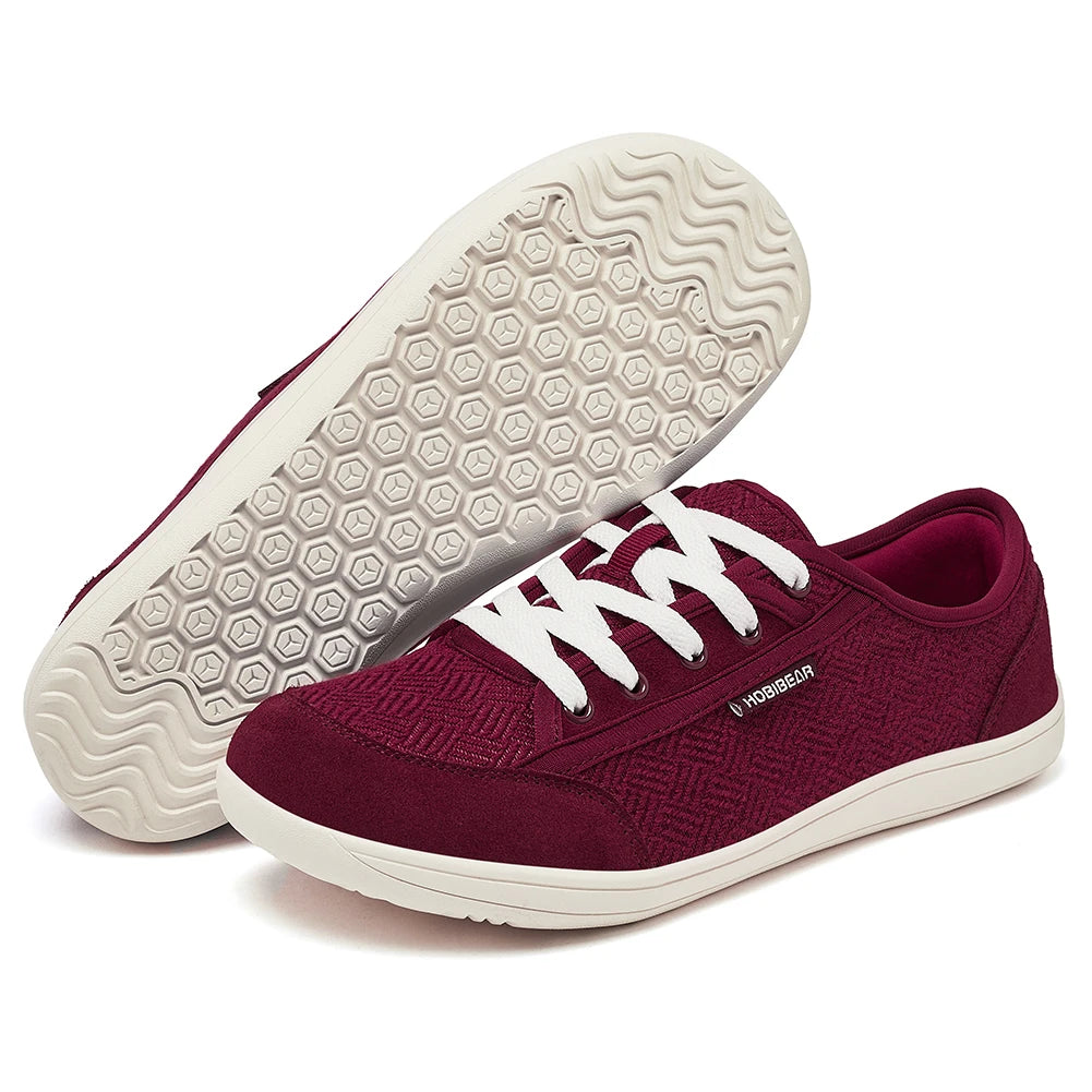 HOBIBEAR burgundy barefoot shoes, lace-up sneakers with white sole, pair
