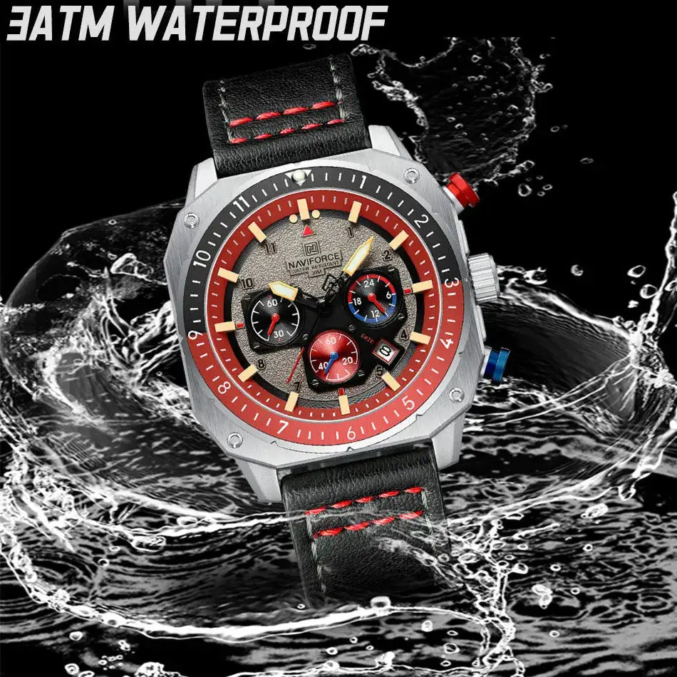 Naviforce men's sports multifunction waterproof watch with black leather strap and red stitching, luminous analog dial