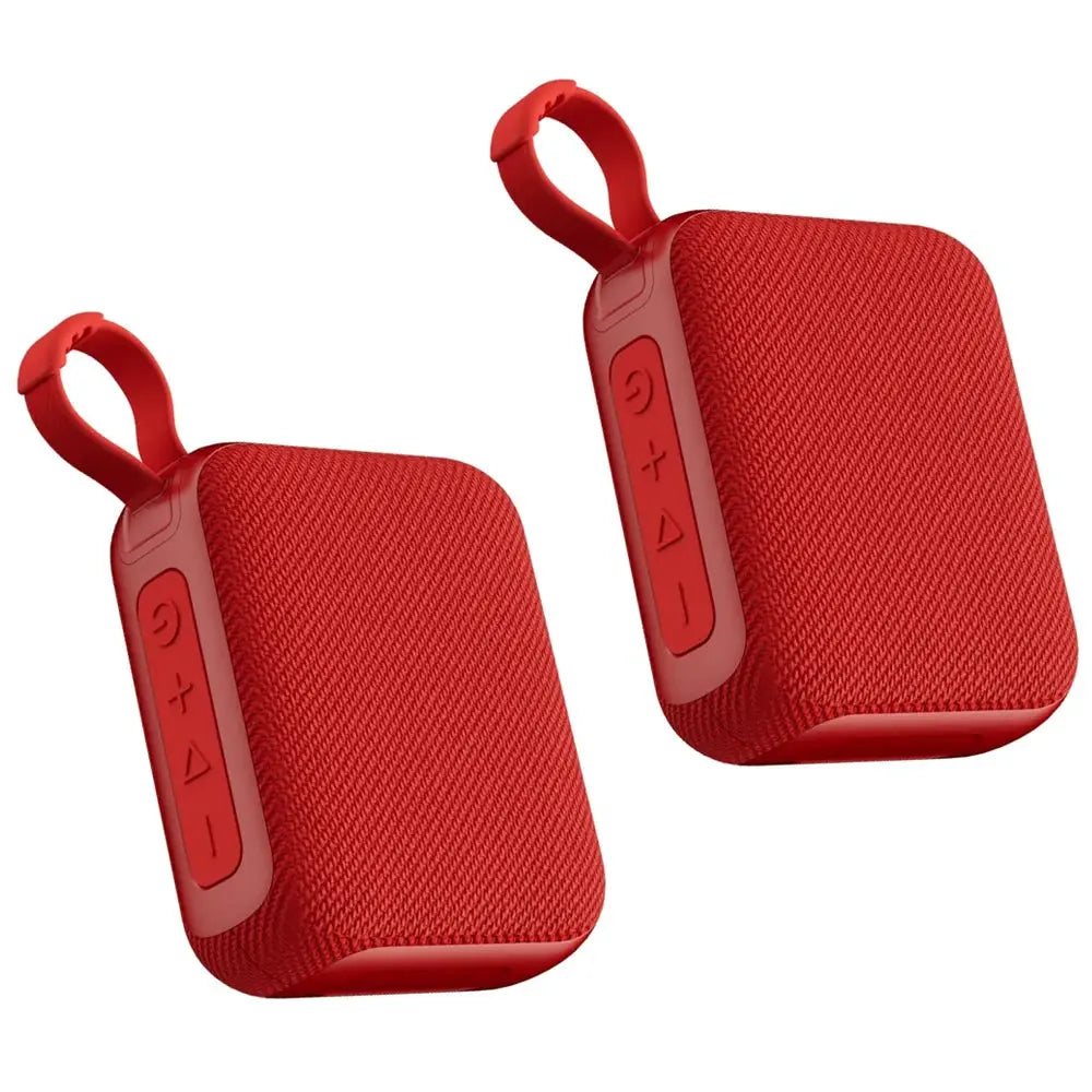 G04 Subwoofer Bluetooth 5.4 speakers; two red mini portable speakers with fabric mesh and side control panel