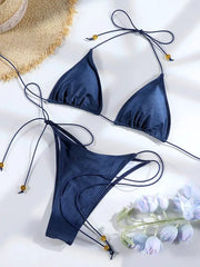 Sexy Triangle Bikini Set For Women Micro Thong Swimsuit Bandage Beachwear With Print Bathing Suit