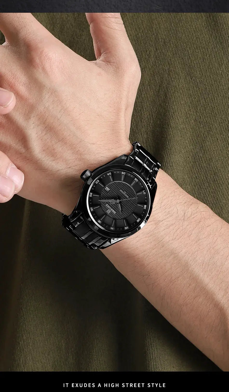 NAVIFORCE men's black stainless steel wristwatch with date window, waterproof quartz