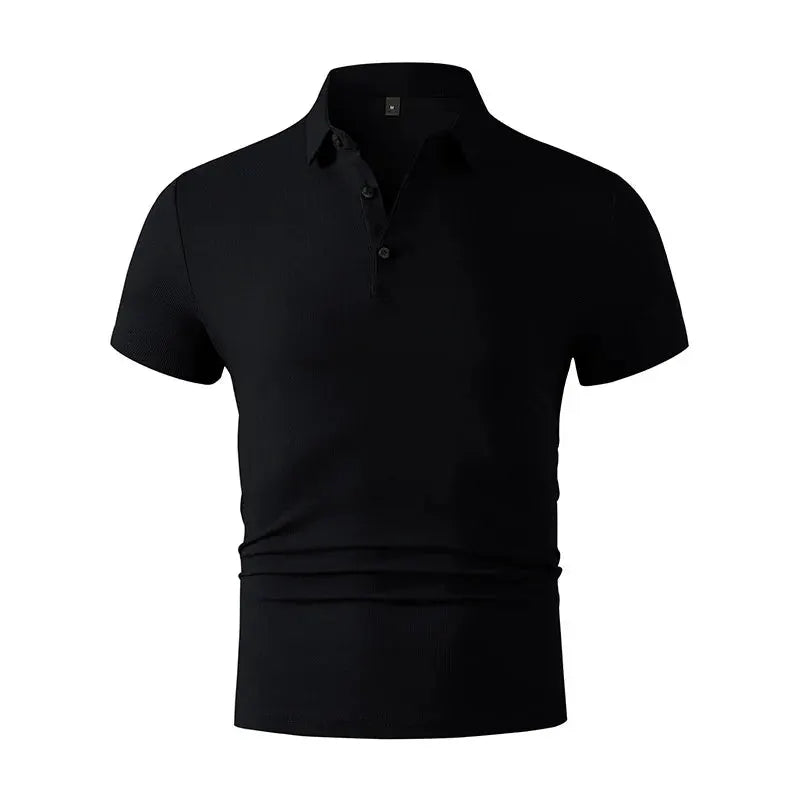 Men's black polo shirt with short sleeves, classic collar, breathable and versatile.