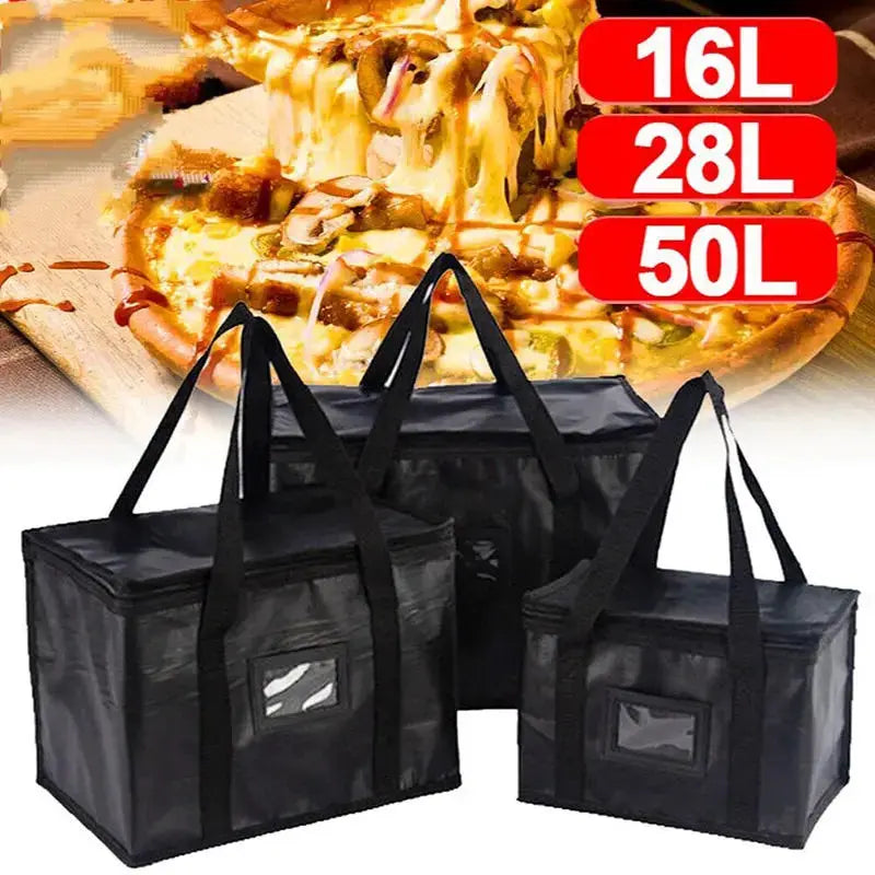 Portable insulated food delivery bags Simples Market; three black thermal cooler bags (16L, 28L, 50L) for pizza takeaway.