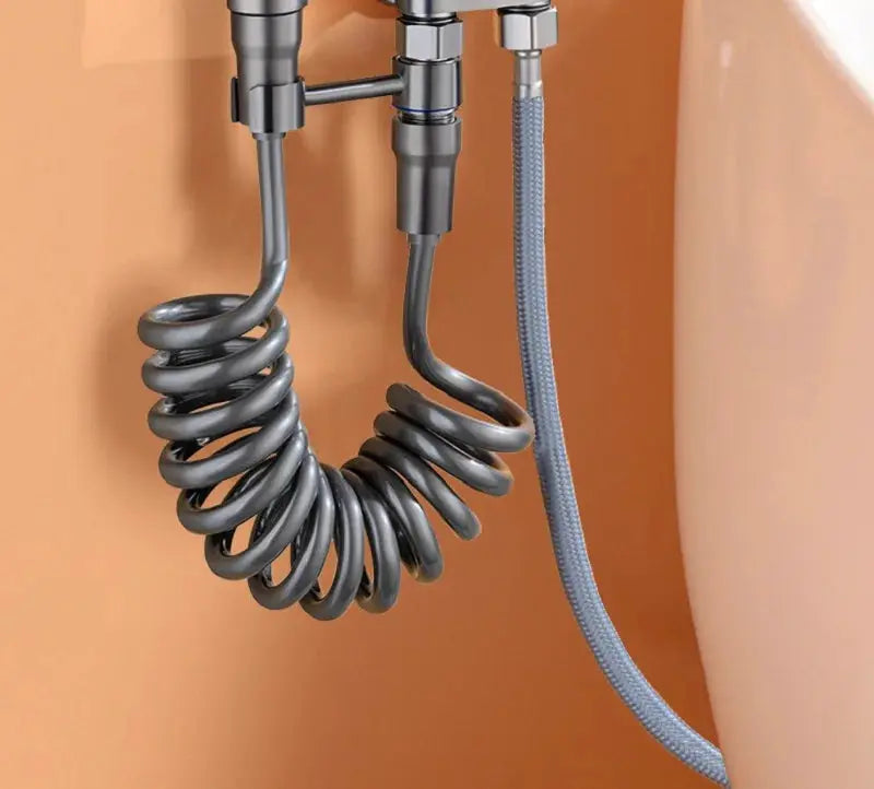 Hygienic Shower Bidet Sprayer by Simples Market, double outlet, wall-mounted angle valve, black coiled hose