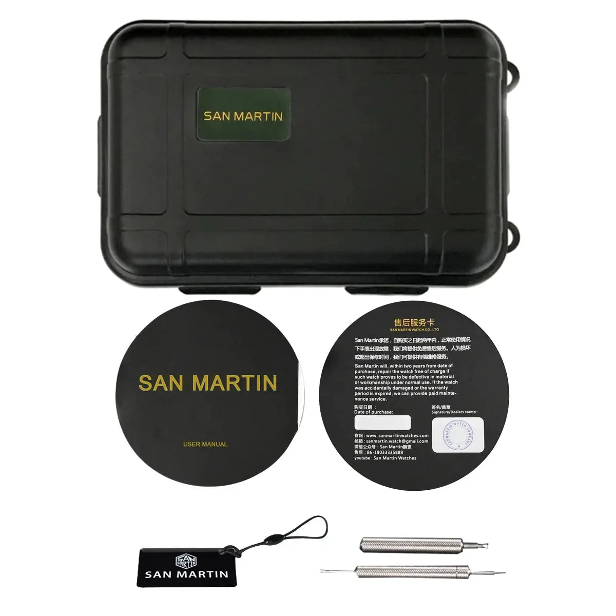 San Martin diver watch set in a black protective case with user manual, warranty card, and precision tools.
