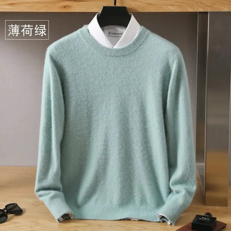 Men's mink cashmere sweater, mint green crew-neck knit with long sleeves; Simples Market