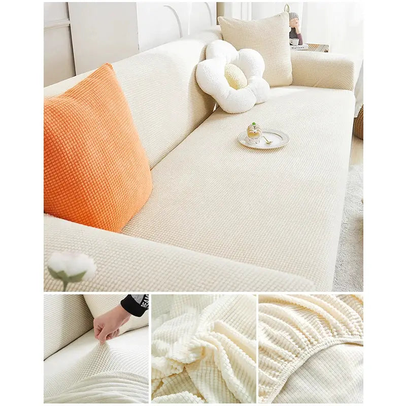 Simples Market elastic jacquard sofa cover for 1–4 seat sectional in cream/ivory, stretch couch slipcover.