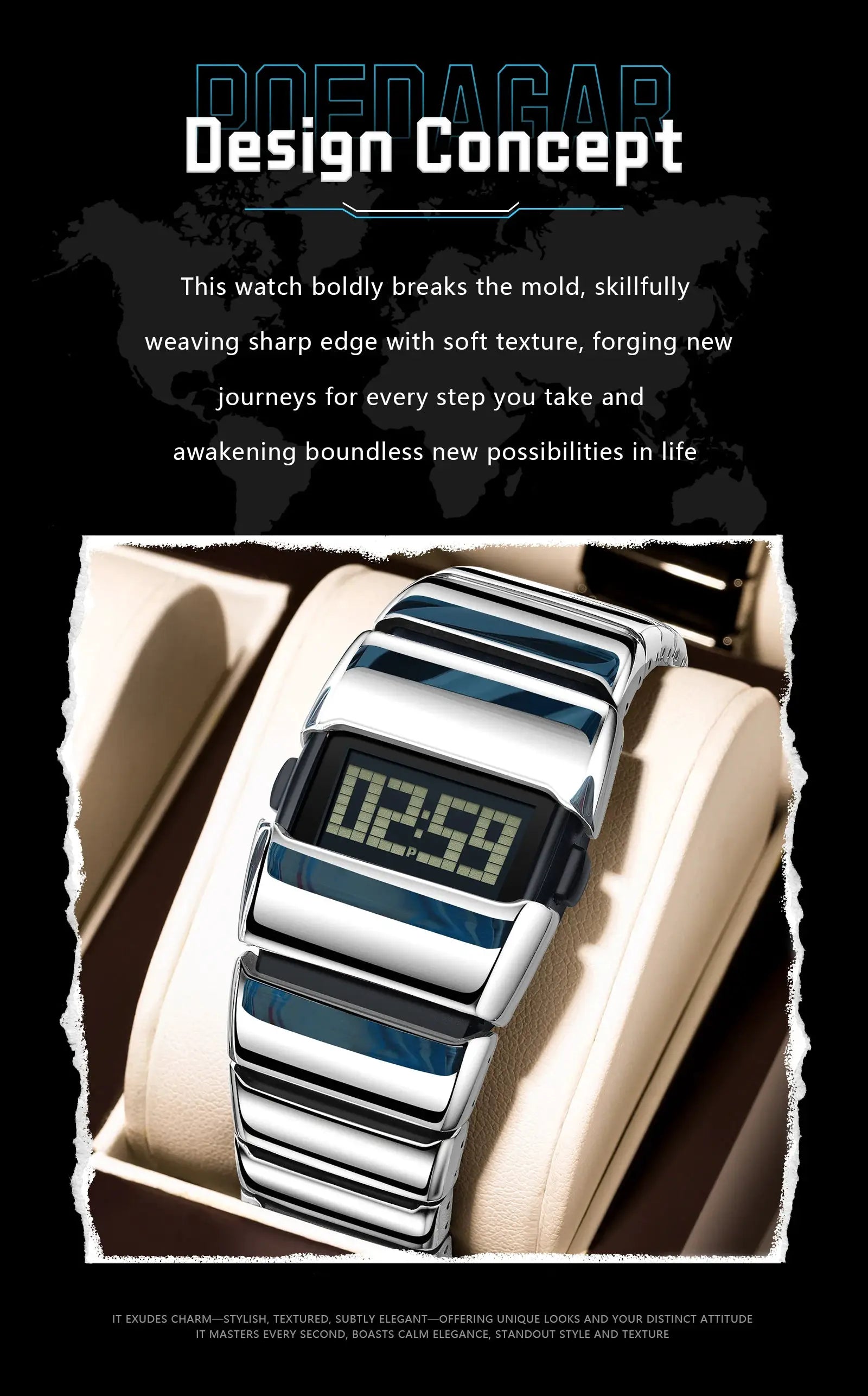 POEDAGAR fashion LED men's watch, stainless-steel bracelet, digital display