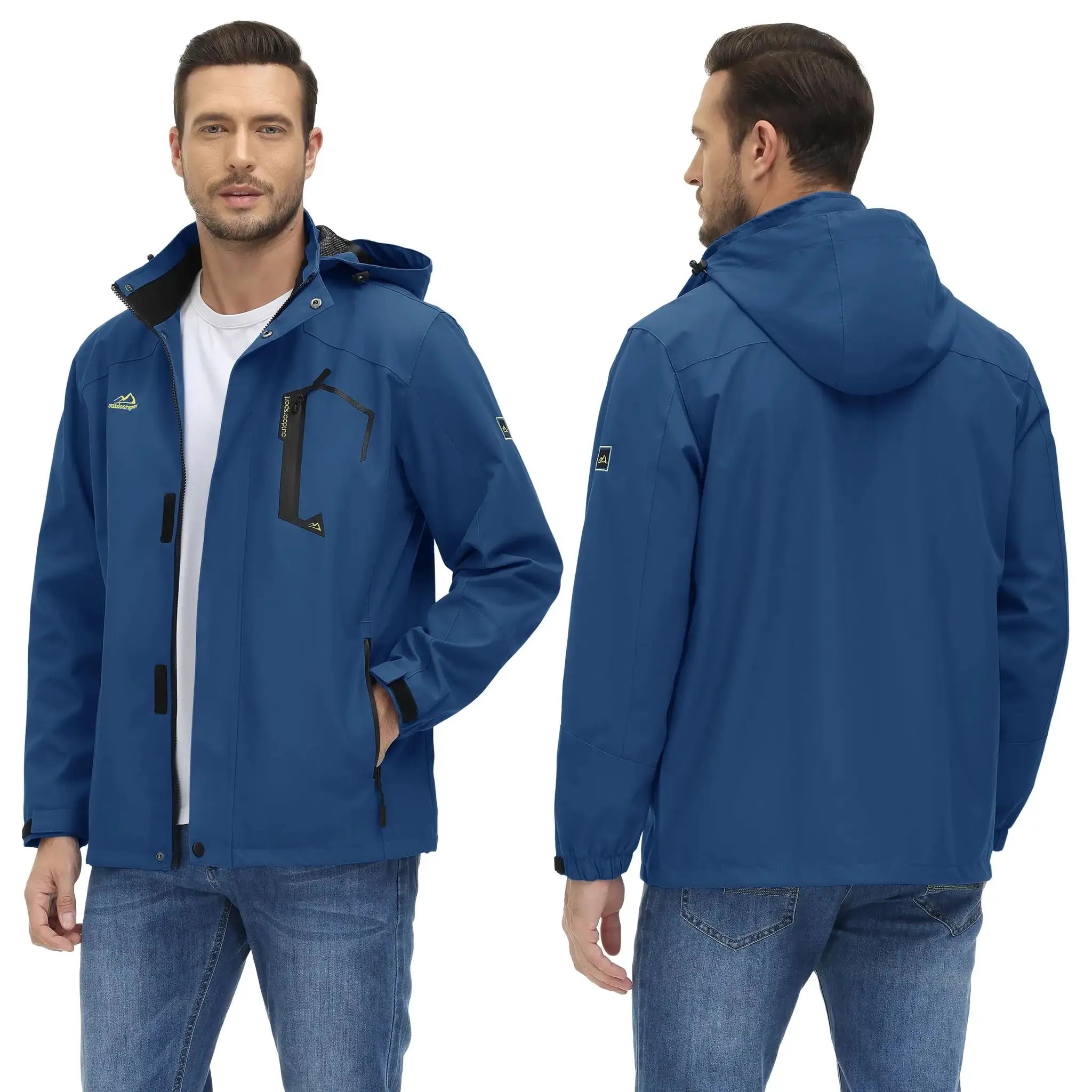 TACVASEN men's blue mesh-lined waterproof rain jacket, Simples Market brand; front and back views
