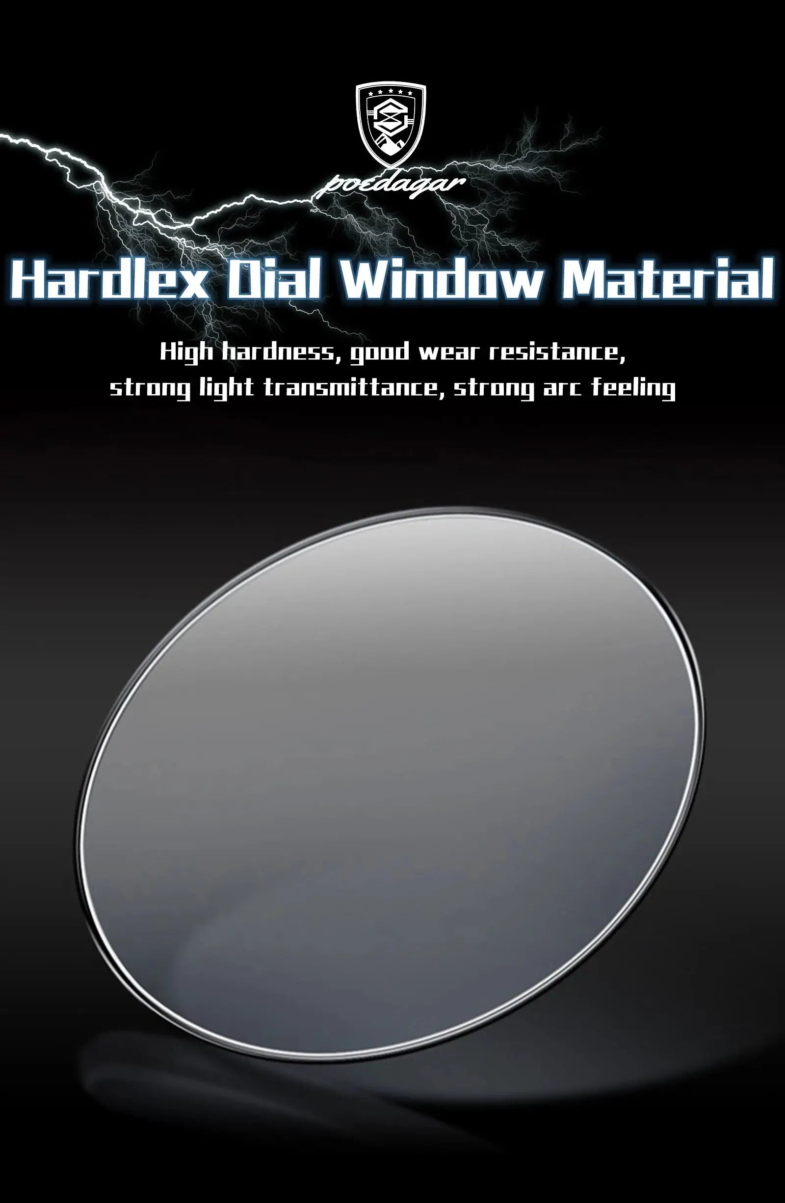 Hardlex dial window material close-up on circular glass lens with silver metal bezel