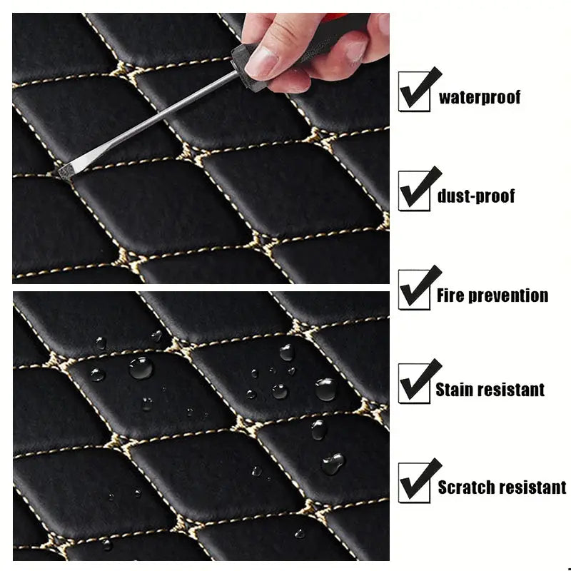 Universal PU leather car floor mats, 5-piece set, waterproof, dust-proof with gold-stitched quilted design