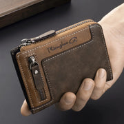 Men's retro zipper wallet in brown PU leather with coin purse and card slots