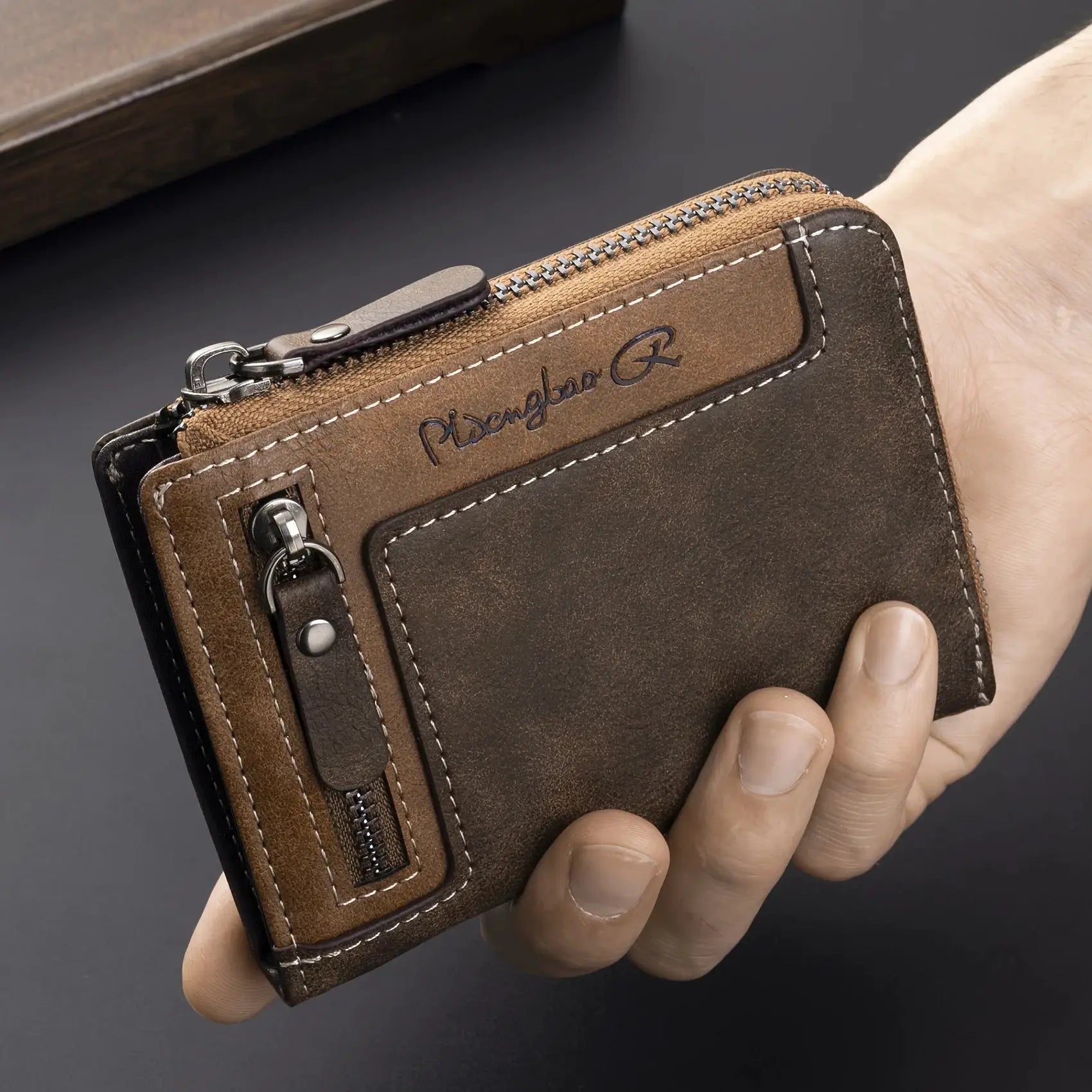 Men's retro zipper wallet in brown PU leather with coin purse and card slots