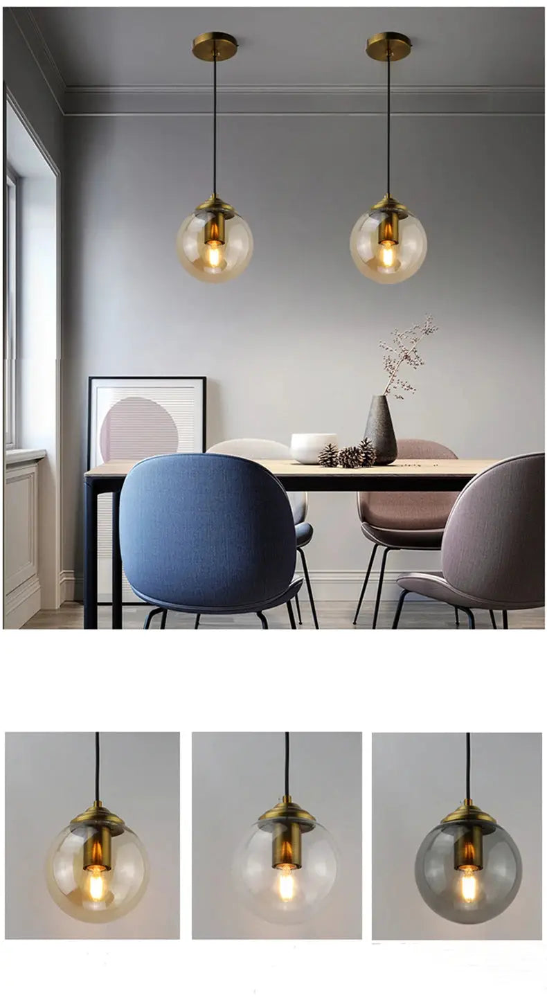 Simples Market modern luxury metal chandelier: pair of glass globe pendant lamps with brass fixtures and black cords.