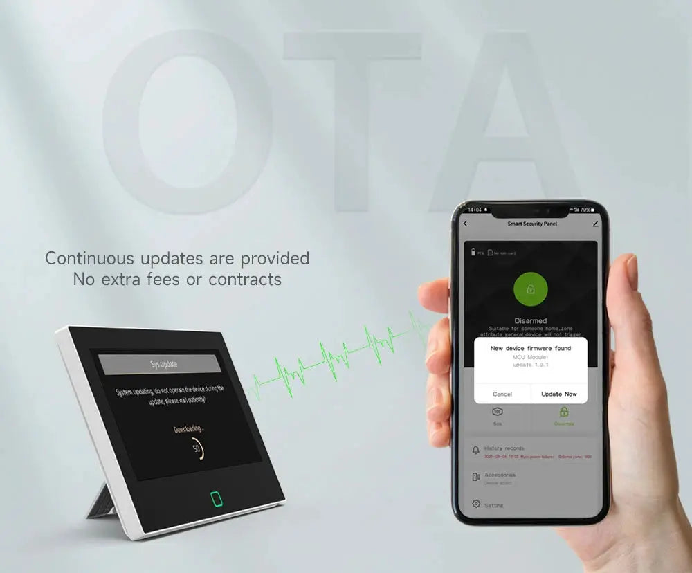 Staniot 7-inch wireless home alarm system with Tuya Smart security, shown with a touchscreen panel and smartphone