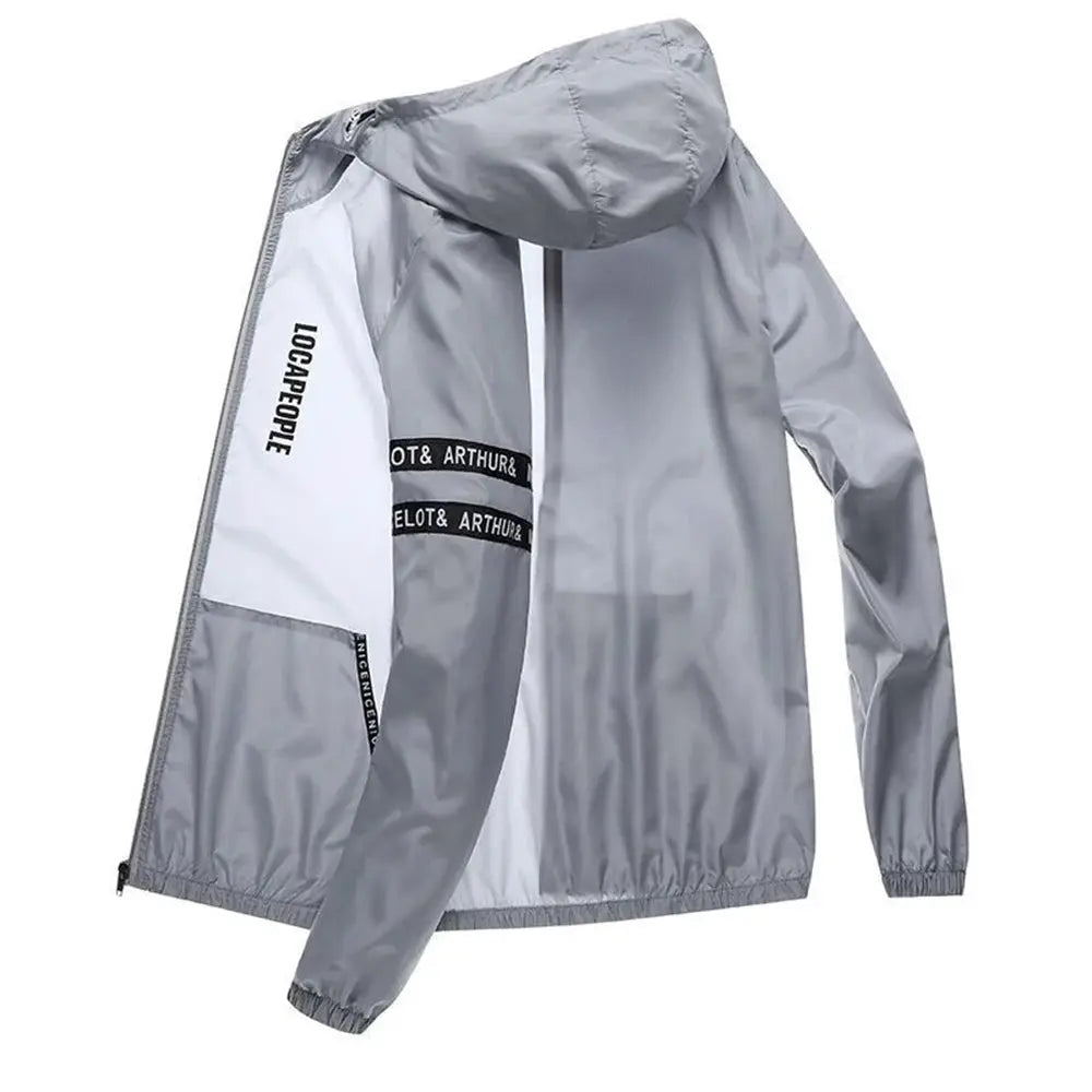 Simples Market sun protection men's cycling jacket, light gray hooded windbreaker with long sleeves