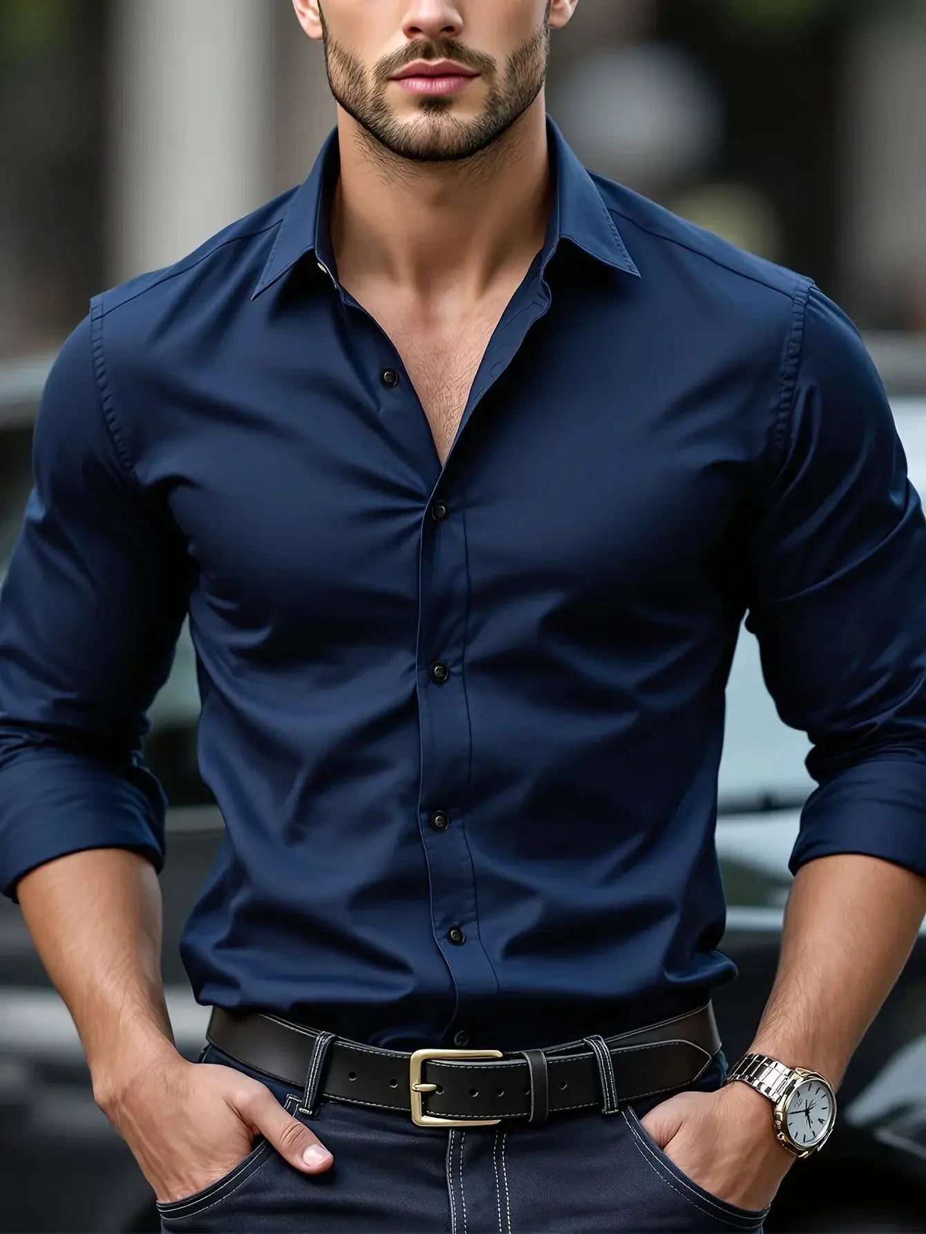 2025 Men's Solid Color Long Sleeve Shirt Elastic Smart Casual Four Season Business Shirt