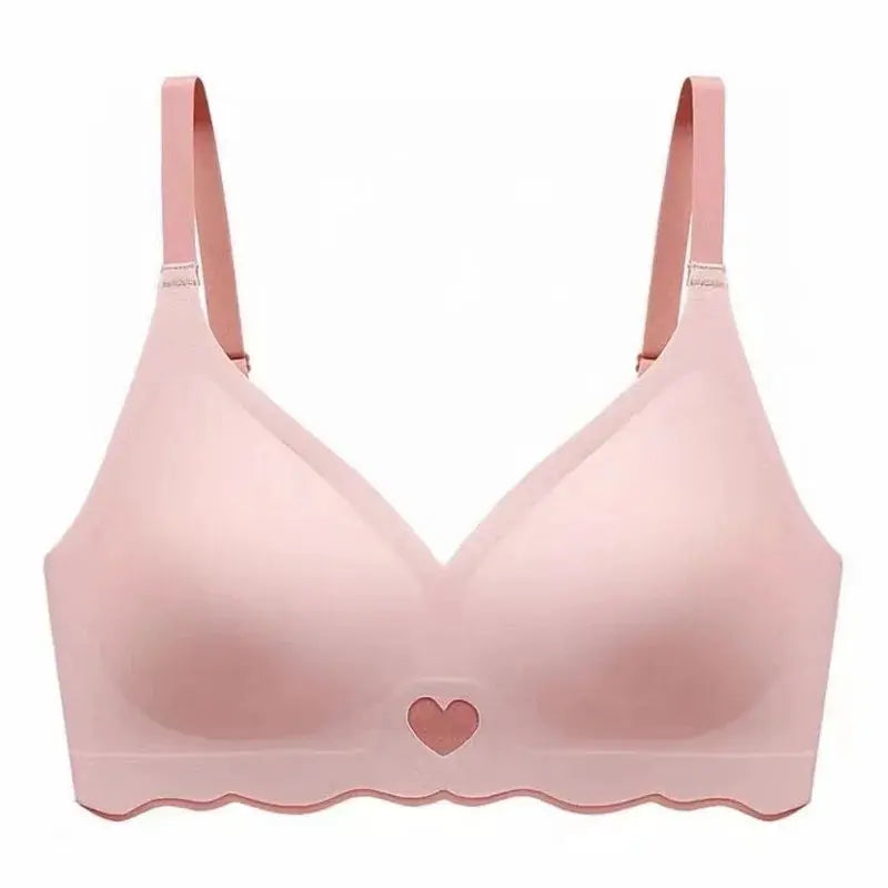 Simples Market pink seamless bralette with adjustable straps, deep V-neck, heart cutout and scalloped hem