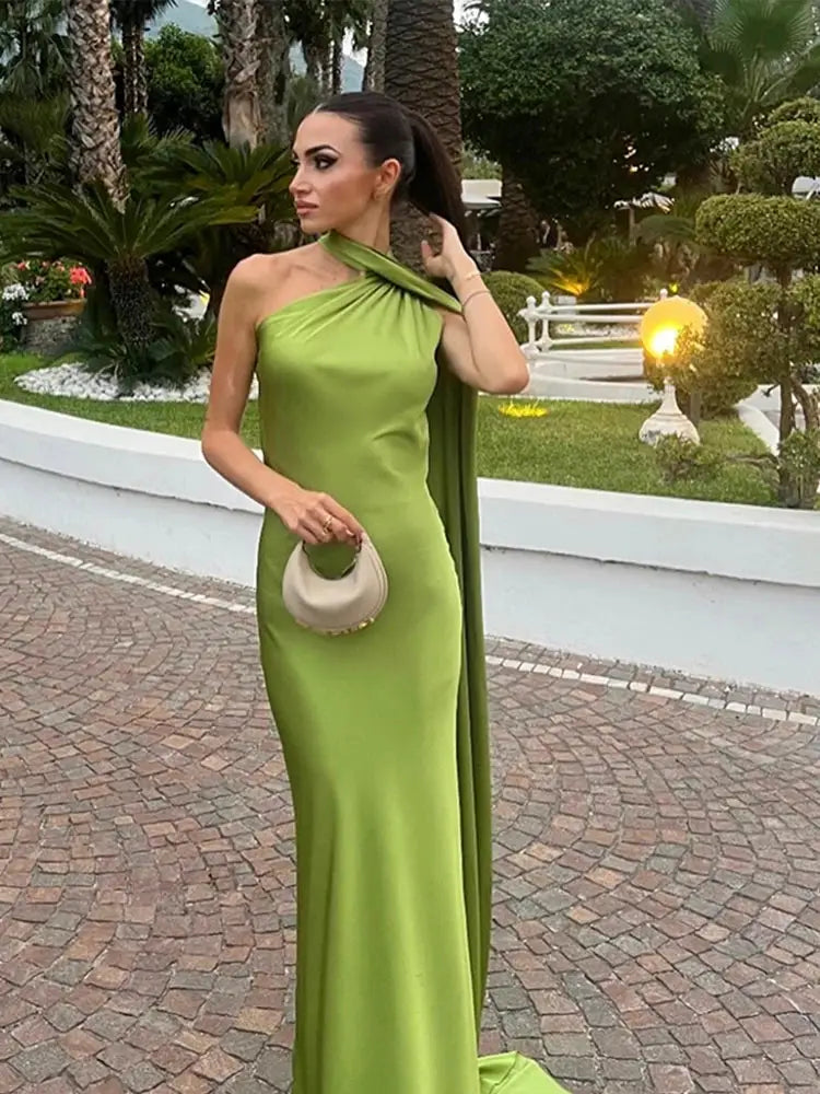 Elegant Ribbon Halter Dress Slim Fit Backless Maxi Off Shoulder Sleeveless Party Dress For Summer