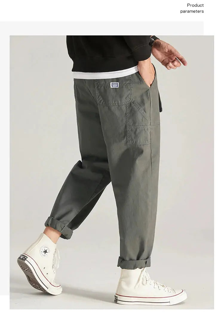 HIQOR men's cargo pants in gray baggy fit with multiple pockets and rolled cuffs