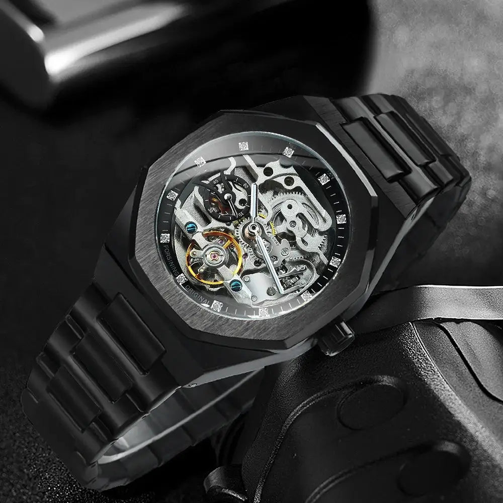 Forsining skeleton mechanical watch for men with luminous hands and black stainless steel strap