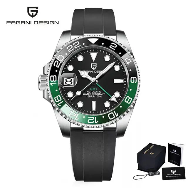 PAGANI DESIGN V3 GMT watch, 40mm stainless steel case, black dial, green bezel, rubber strap