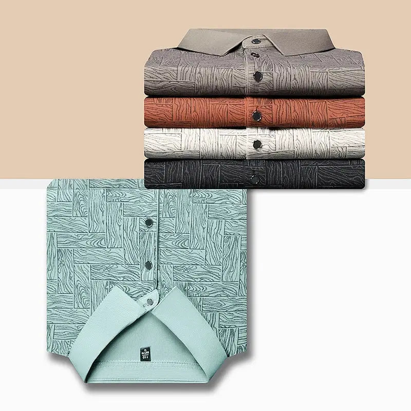 Simples Market men's polo set (6 pcs): teal patterned polo unfolded beside grey, rust, white, and black polos.