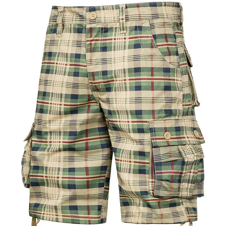 Men's plaid cargo shorts, cotton, green beige blue plaid pattern, Simples Market