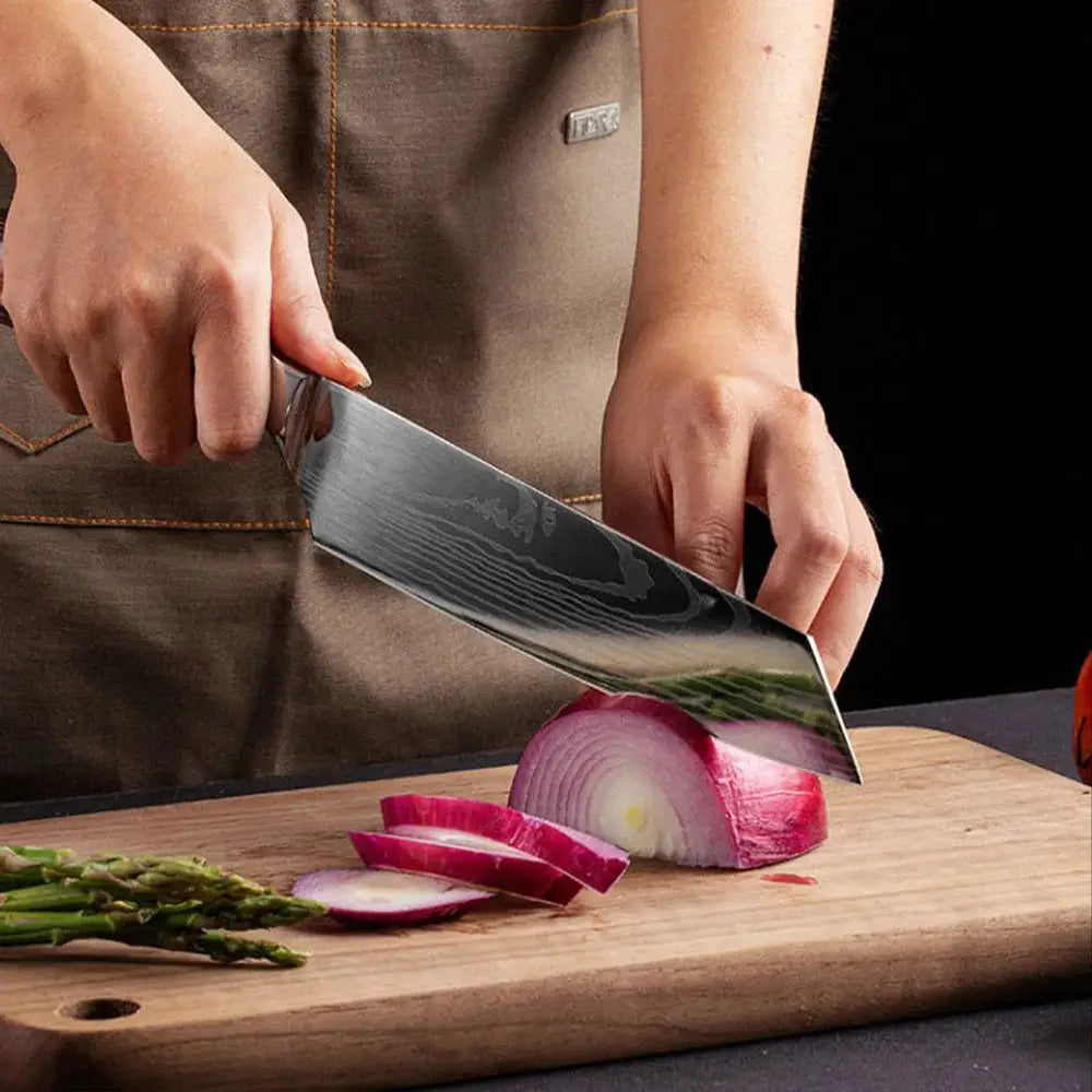 Professional Laser Damascus Kitchen Knife With Wood Handle For Bread Fruit Fish Meat Boning And Slicing
