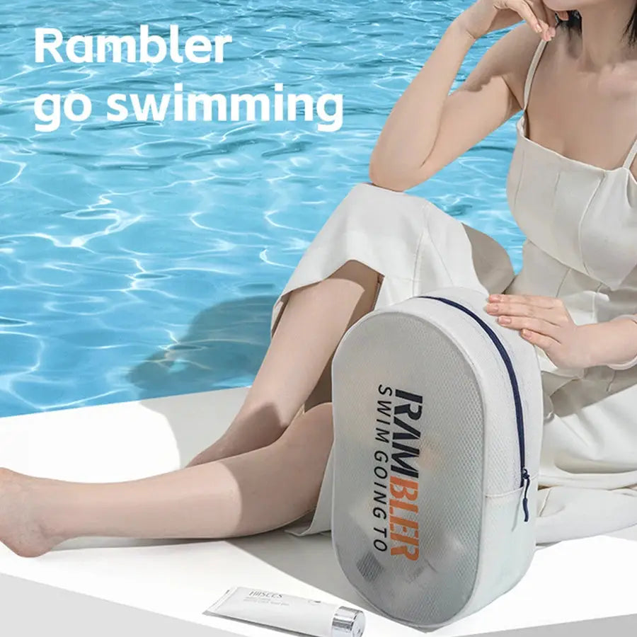 Rambler XXL water-resistant sports duffel bag by Simples Market; white/grey fabric with blue zipper for swimming gear