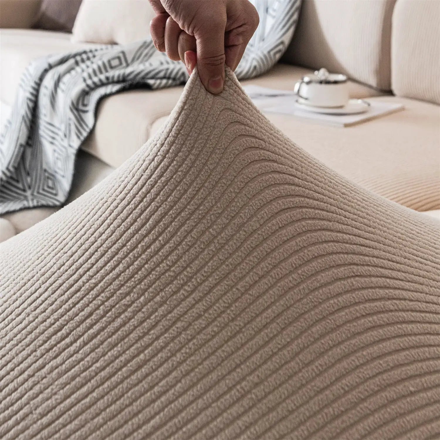 Removable beige thickened stripe jacquard sofa seat cushion cover; stretchable and washable