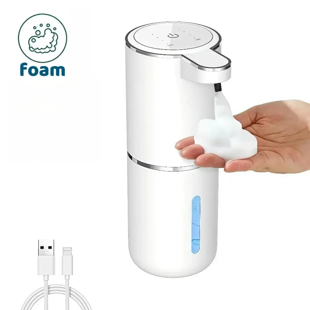 Simples Market automatic foam soap dispenser, white plastic with chrome trim, USB rechargeable, infrared touchless sensor