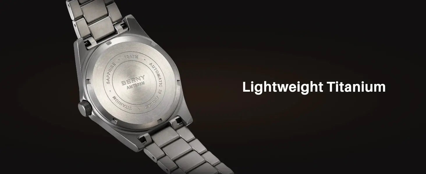 BERNY full titanium automatic men's watch on a metal bracelet; back view shows sapphire crystal and 10ATM water resistance