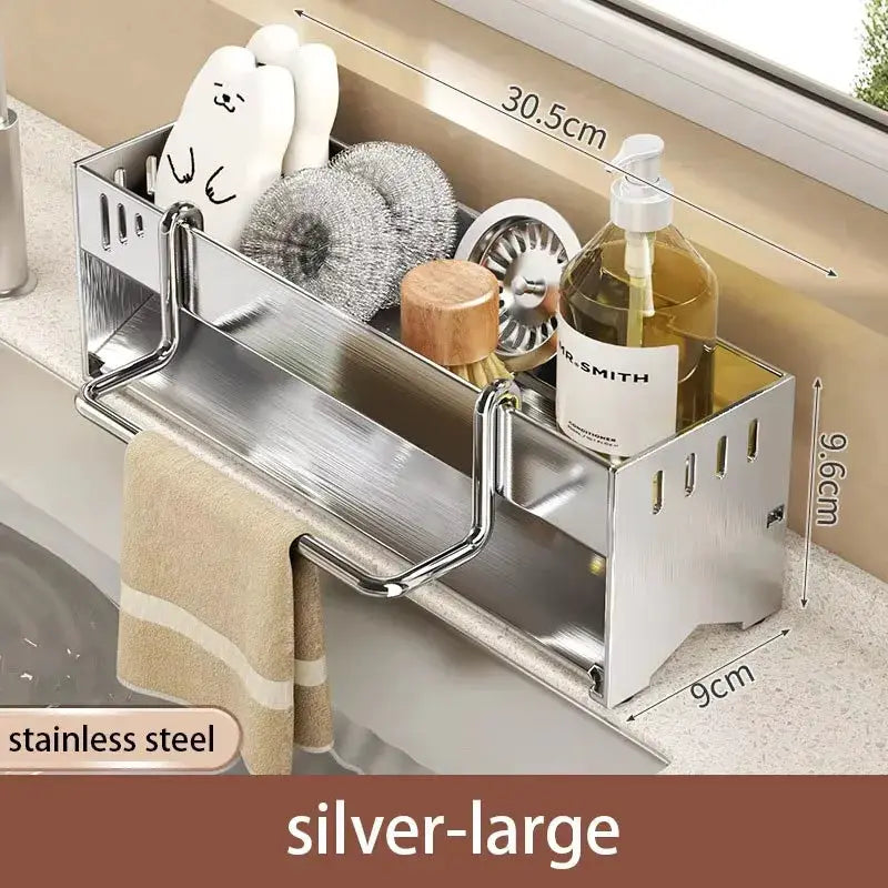 Simples Market stainless steel sponge rack with drain shelf for holding sponges, brushes and dish soap.