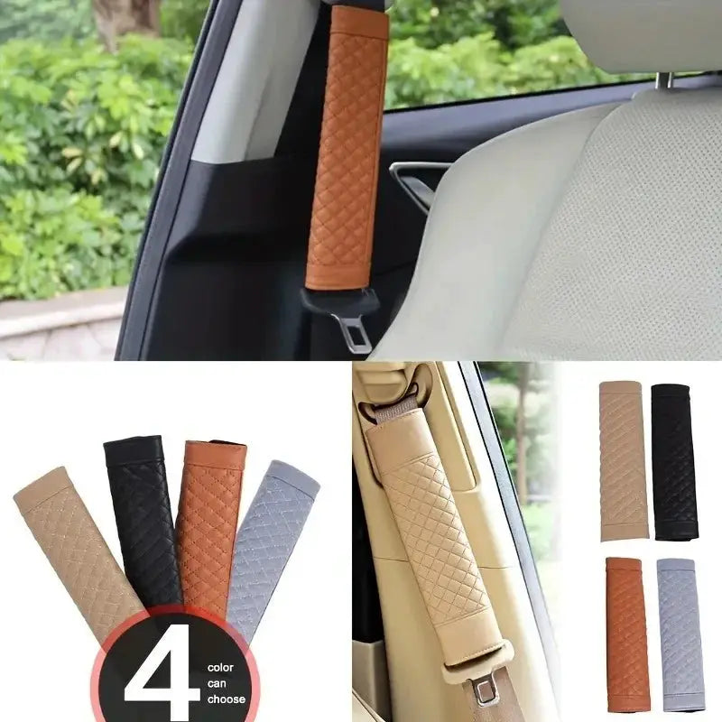 Car seat belt shoulder cover in quilted leather; wear-resistant, non-slip; four colors: beige, black, brown, gray