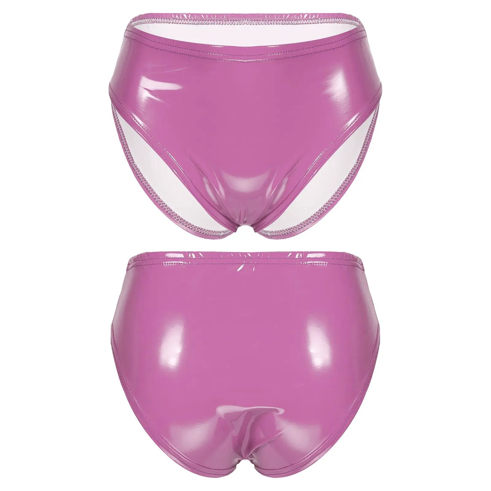 Pink wet-look patent leather briefs with white mesh side panels; low-rise women's hot pants.