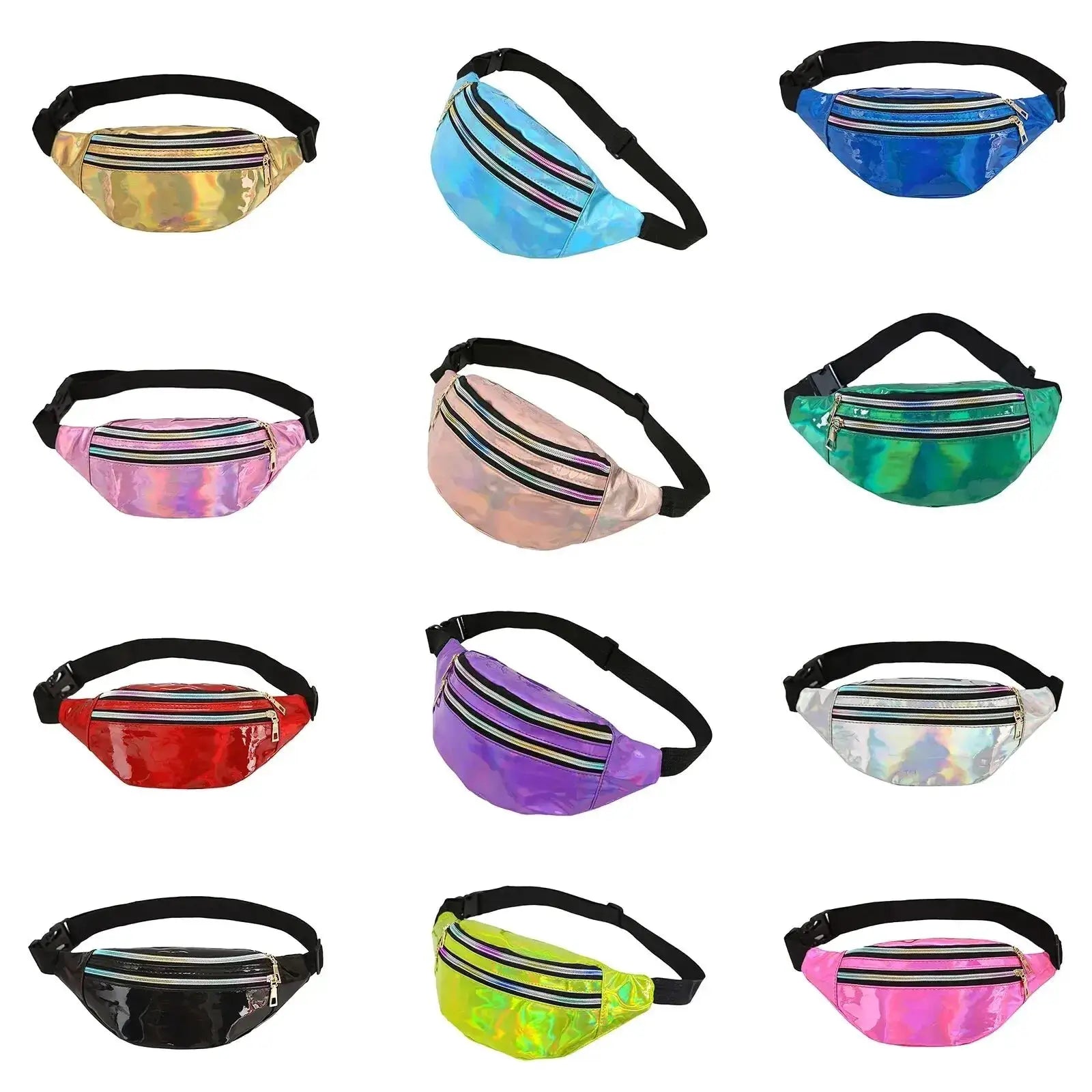 Waist bag set by Simples Market; 15 holographic fanny packs in assorted colors with black straps
