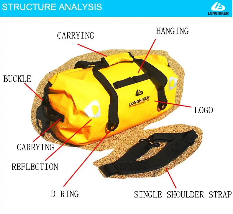 Simples Market yellow 40L-120L waterproof duffle bag with Longhiker logo, shoulder strap, buckles, and reflective patches.