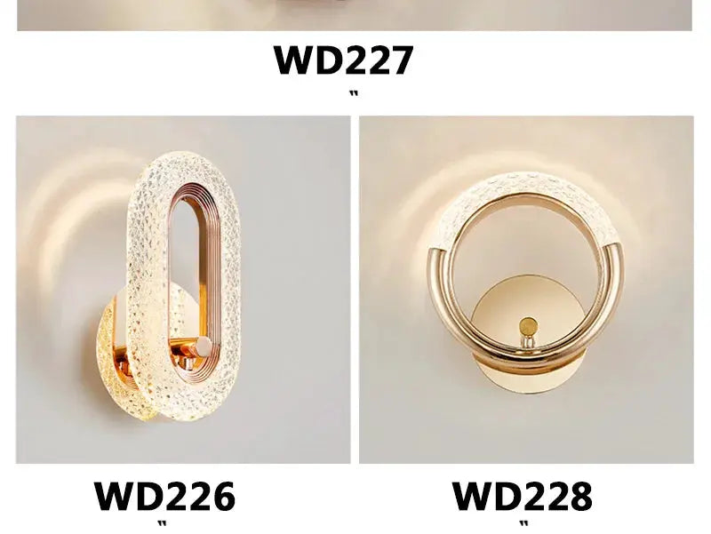 Modern Nordic wall lamps (2) WD226 and WD228 with gold-tone iron bases and acrylic shades, LED bedroom sconces