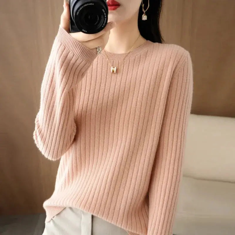 Aurora Knitwear Warm O Neck Stripe Loose Fit Sweater For Autumn Winter Layering Cozy Knit