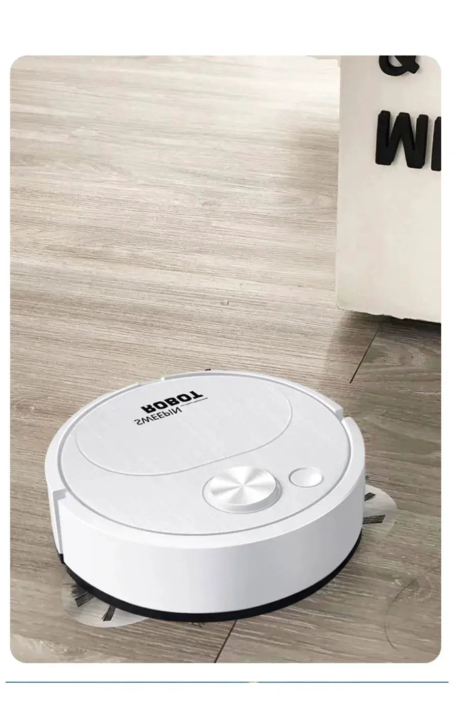 Simples Market USB 3-in-1 white robot vacuum cleaner; wireless mop and sweep.