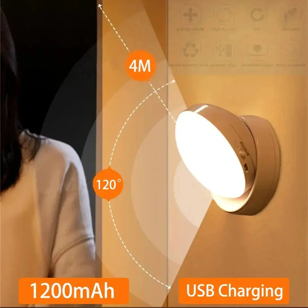 Night light: Simples Market round white LED wall lamp with motion sensor, USB charging, 1200mAh battery
