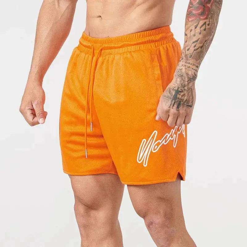 Trend men's orange mesh beach swim shorts with drawstring, quick-dry fabric and side logo