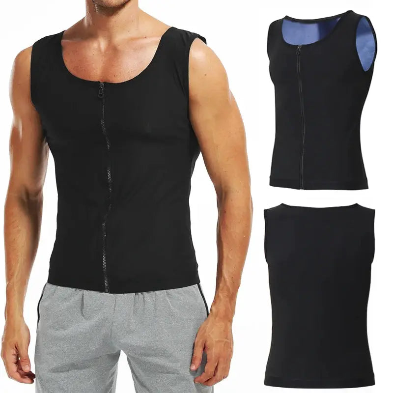 Men's black zip-front abdomen reducer body shaper sauna vest; front and back views