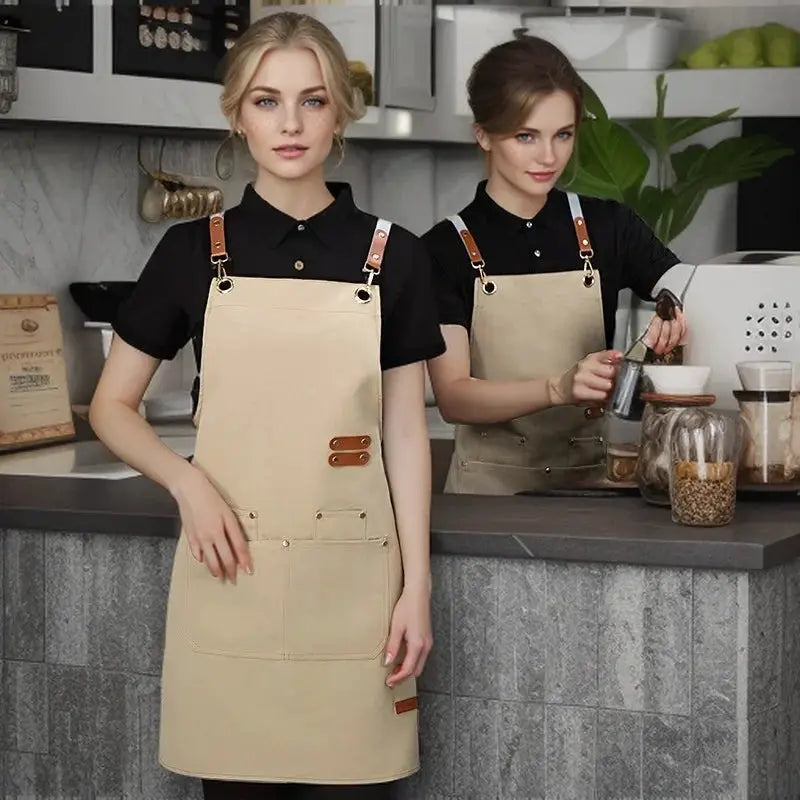 Simples Market waterproof kitchen apron unisex beige pinafore with pockets and brown leather straps